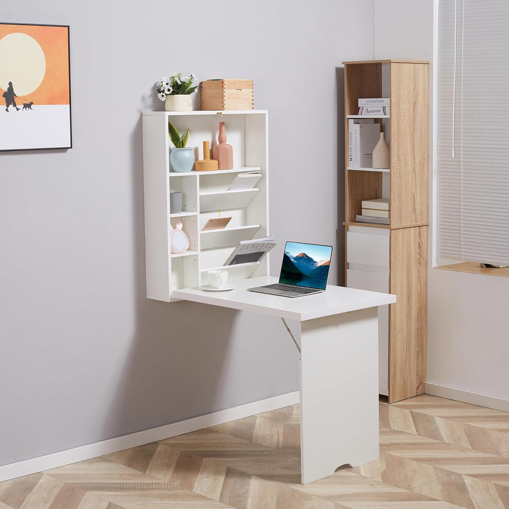Wall Mounted Fold Out Desk with Storage Shelf, White Q792292
