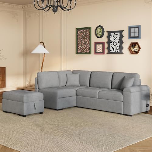 Modular L-Shape Sofa Bed with Ottoman and Storage, Dark Gray T76159