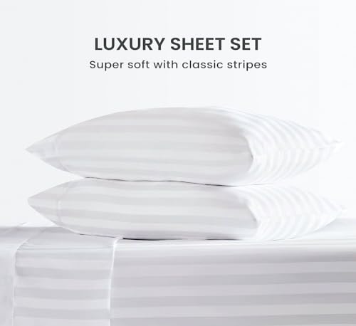 100% Egyptian Cotton King Size Sheet Set – 1000 Thread Count White Stripe – 4 Piece, Deep Pocket N11814