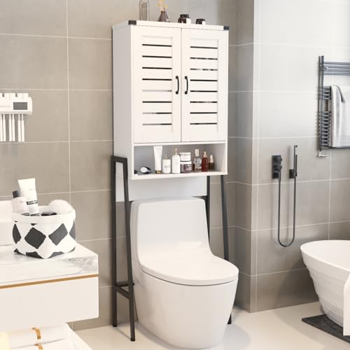 Over Toilet Storage Cabinet with 2-Door Blinds, Freestanding Space Saver with Organizer, White