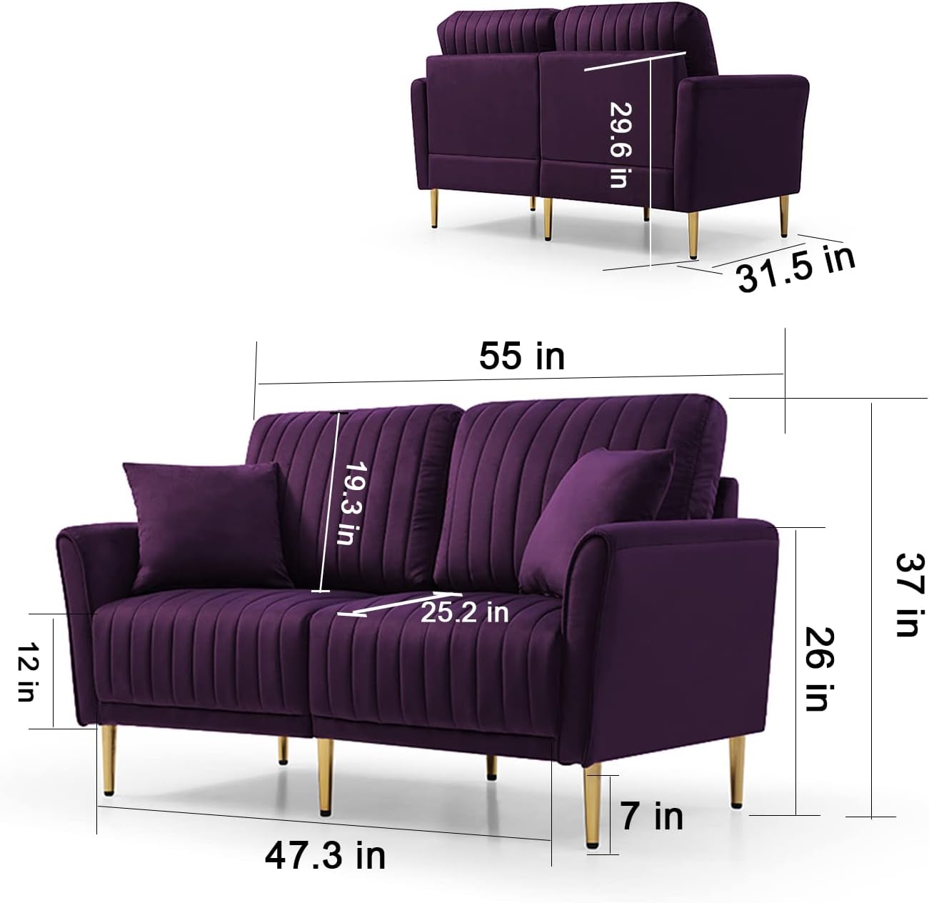 3-Piece Velvet Sectional Sofa Set with Metal Legs, Purple T642494