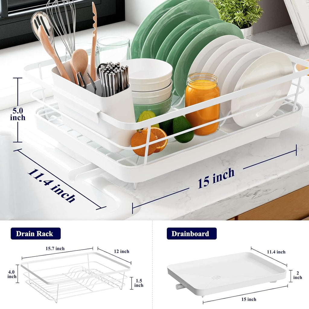 Dish Drying Rack for Kitchen Counter, Stainless Steel with Cutlery Holder, White D503