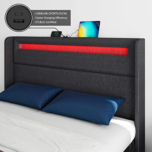 LED Bed Frame with Wingback Headboard and Storage Drawers J770439