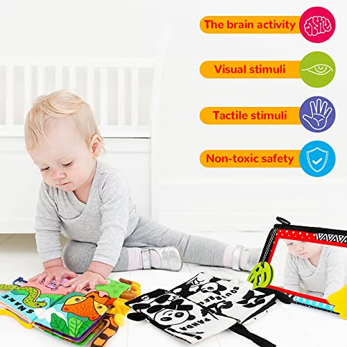 Tummy Time Mirror with Soft Crinkle Cloth Book and Teethers, Black and White Sensory Toy for Newborns E42164
