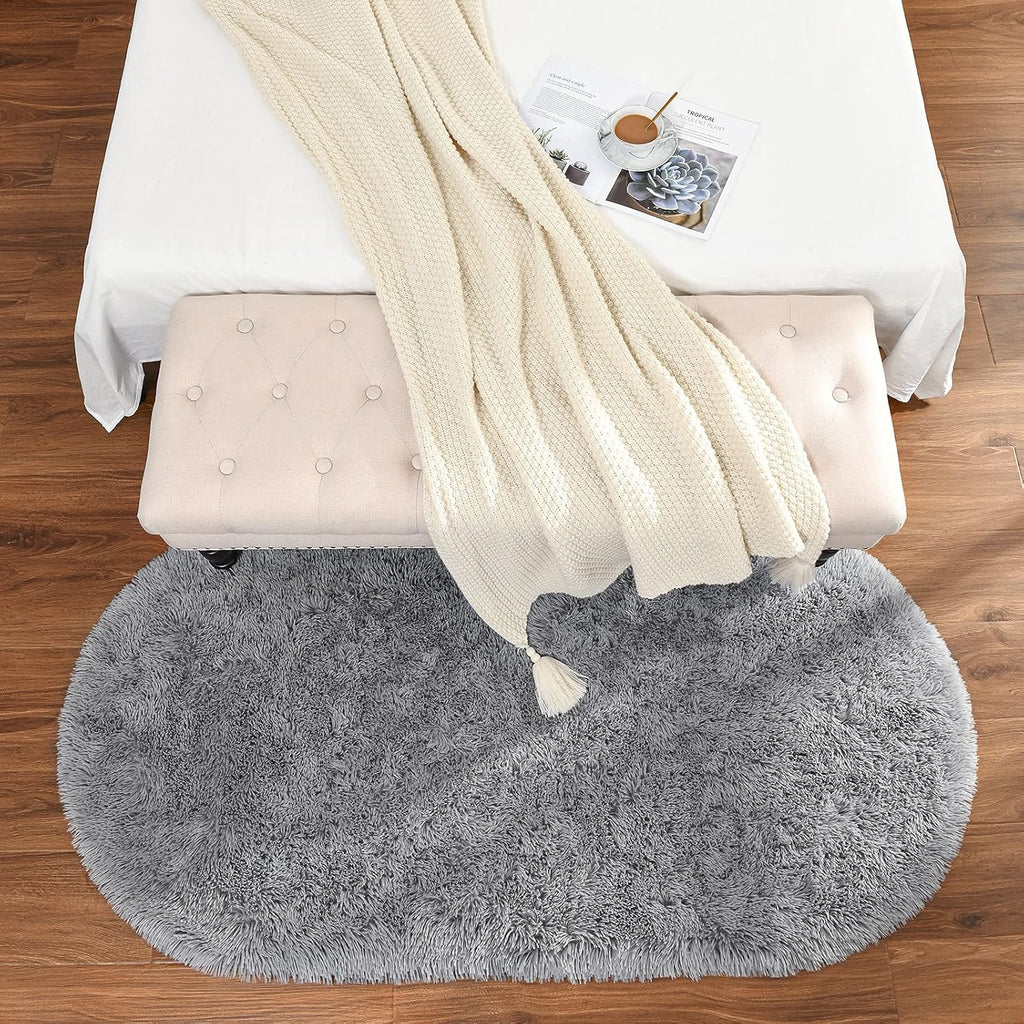 Fluffy Shag Area Rugs for Bedroom, Set of 2, Grey & Rainbow, Oval Indoor Carpet D990699
