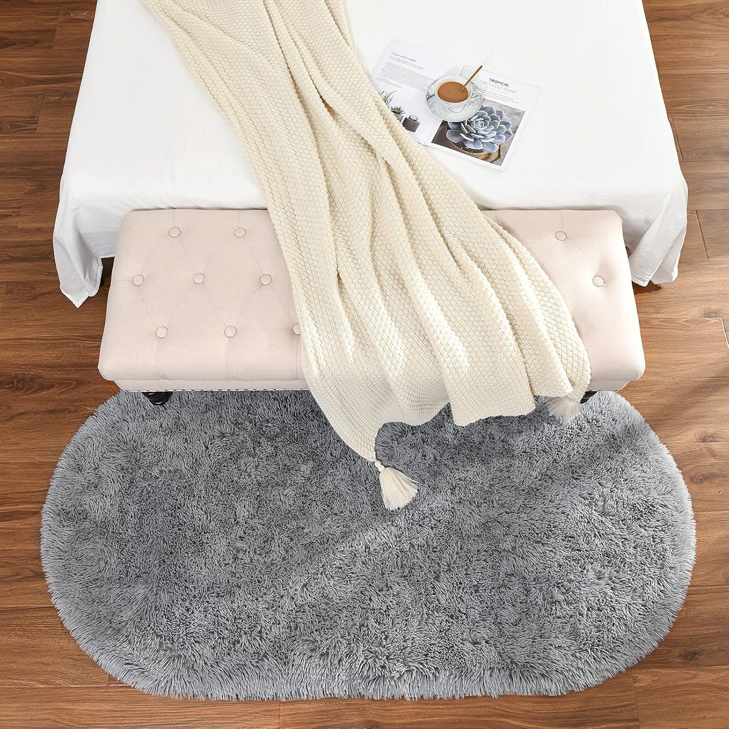 Fluffy Shag Area Rugs for Bedroom, Set of 2, Grey & Rainbow, Oval Indoor Carpet D990699