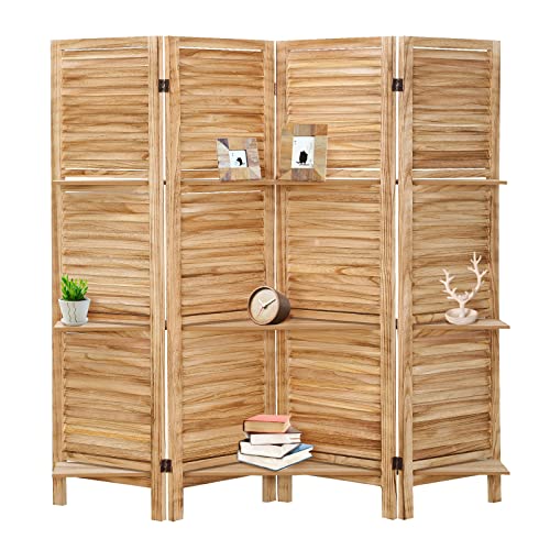 Babion 4 Panel Room Divider with Shelves, Wooden Room Divider Wall, 4 Panel Folding Privacy Screens, Freestanding Room Partition for Office Kitchen Bedroom Balcony (Deep Brown)