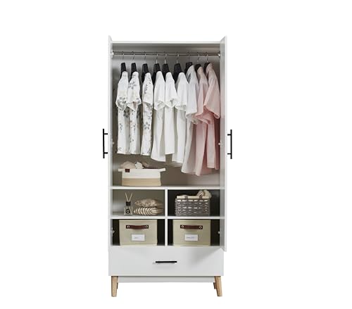 White Wood Wardrobe Cabinet with 2 Drawers and Hanging Rod T97523