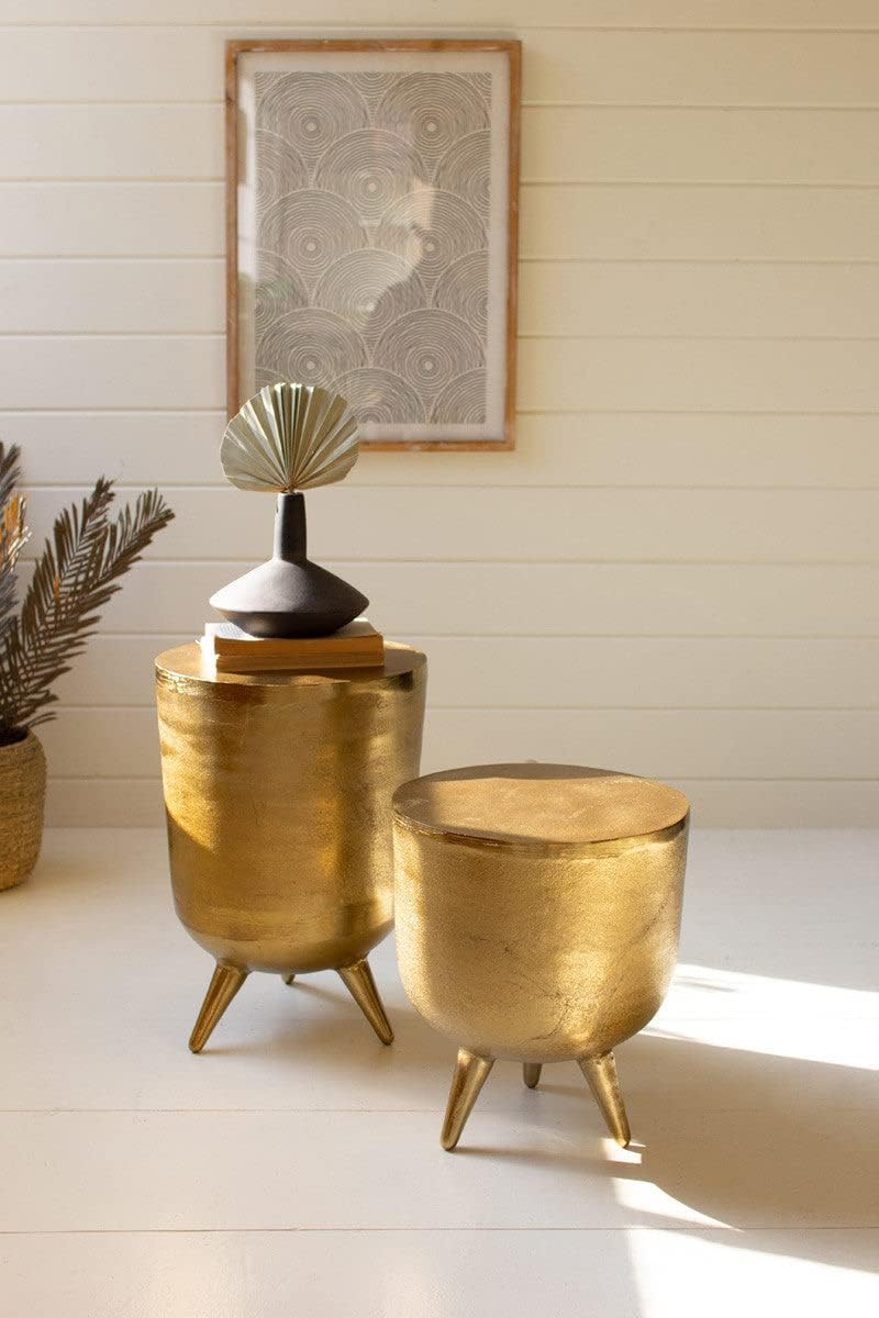 Antique Brass Aluminum Drum Tables, 19-inch Height, Set of 2 I17308