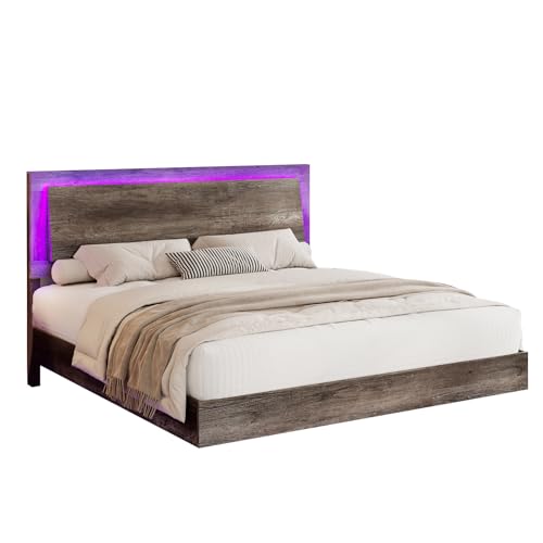 Floating Platform Bed Frame with Headboard and LED Light, Rustic Grey L9697