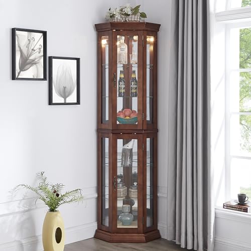 Corner Curio Cabinet with Lights, Glass Doors, 6-Tier Display Case Q574132