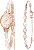 Clastyle Natural Pearls Watch and Bracelet Set for Women Rose Gold Ladies Dress Watch Set Mothers Day Gift Stylish Oval Dial Wrist Watches with Pearl Bracelet
