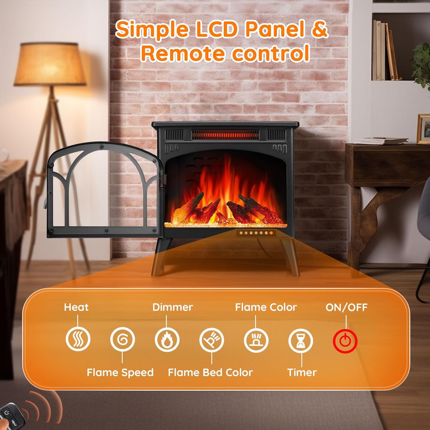 Electric Fireplace Heater, 1500W Infrared with 3D Flame Effect and Remote Q272199