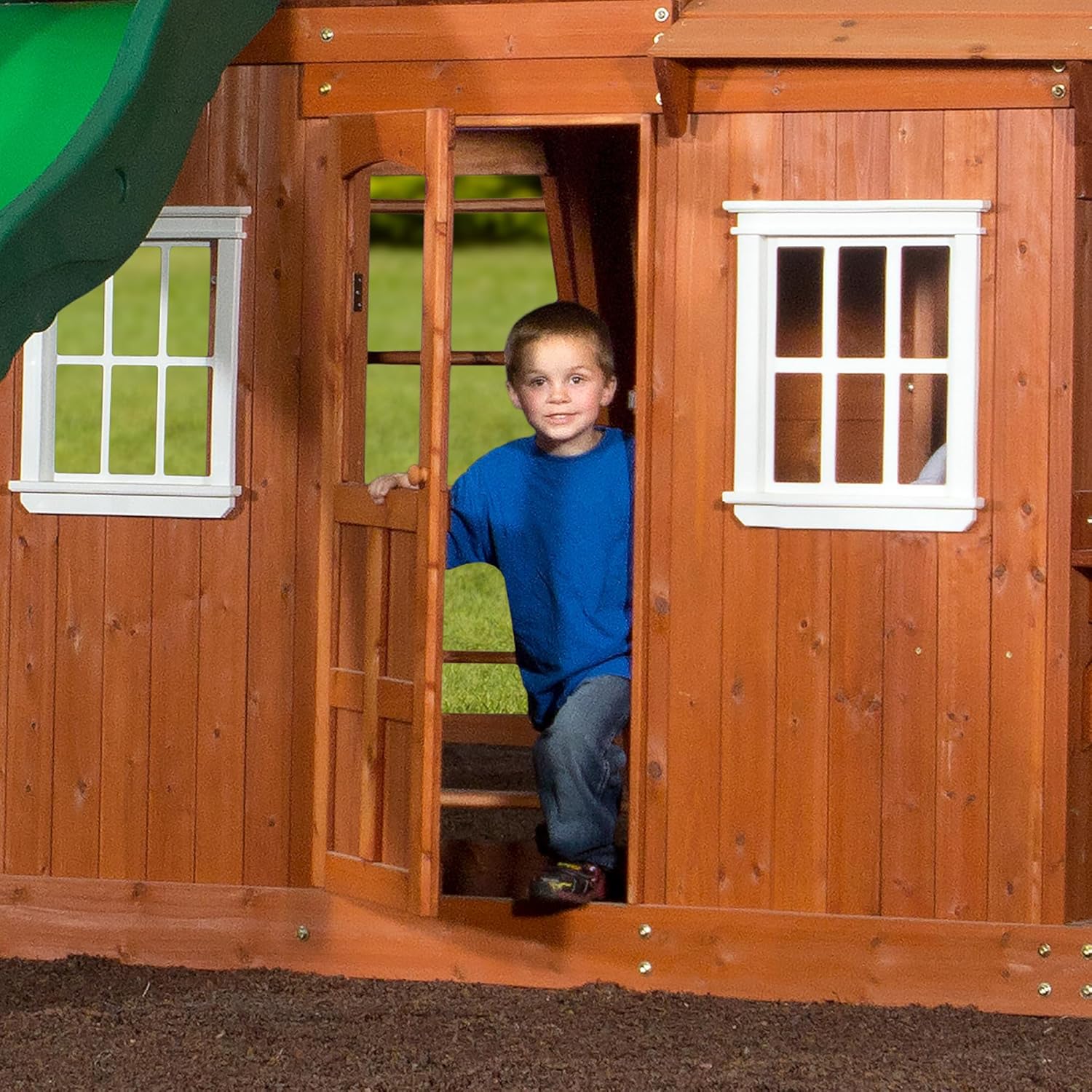 All Cedar Wooden Playset Swing Set with 2 Belt Swings, Trapeze Bar, 10 ft Wave Slide, Covered Playhouse, Rock Wall J462627