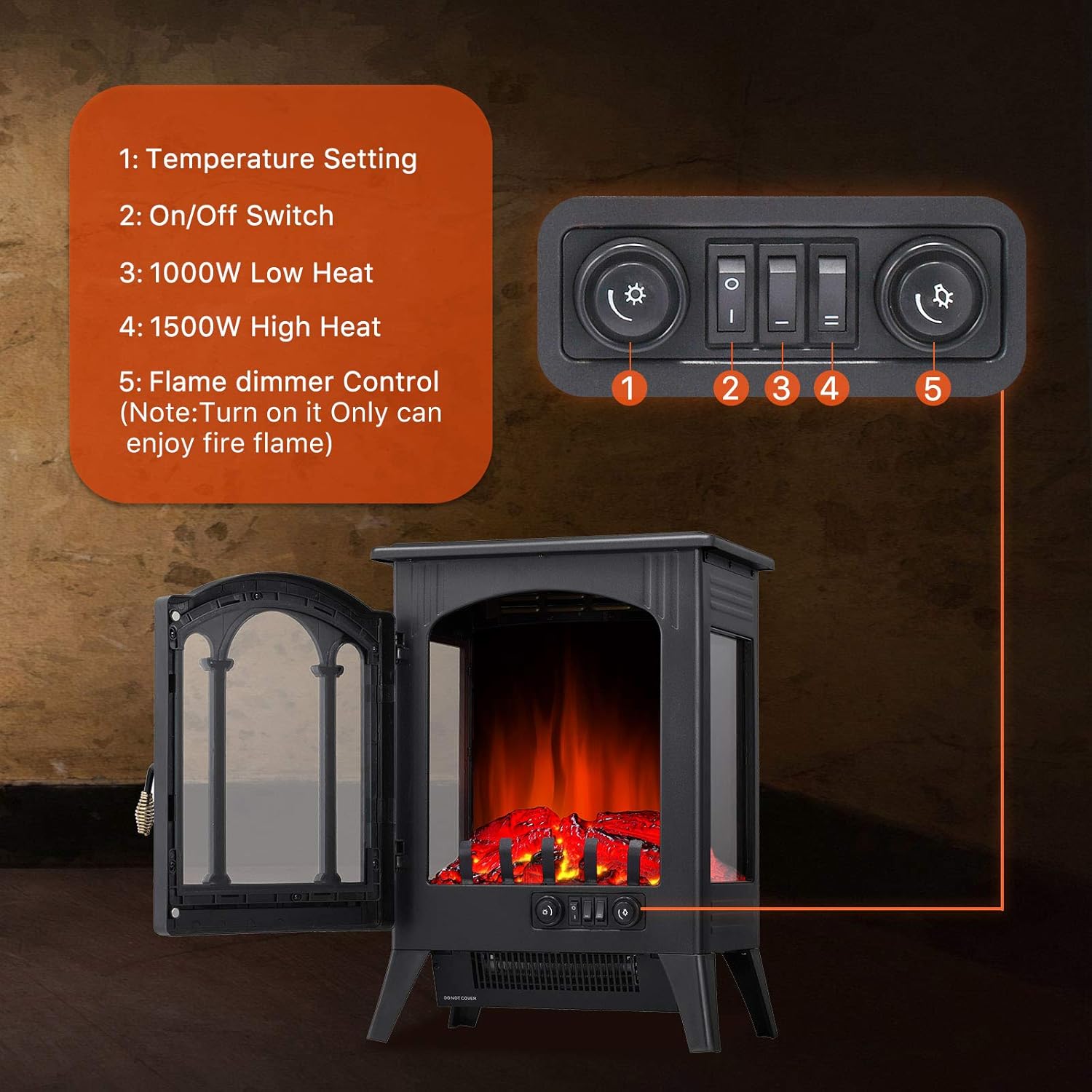 3D Infrared Electric Fireplace Heater, Freestanding, Adjustable Brightness Y15676