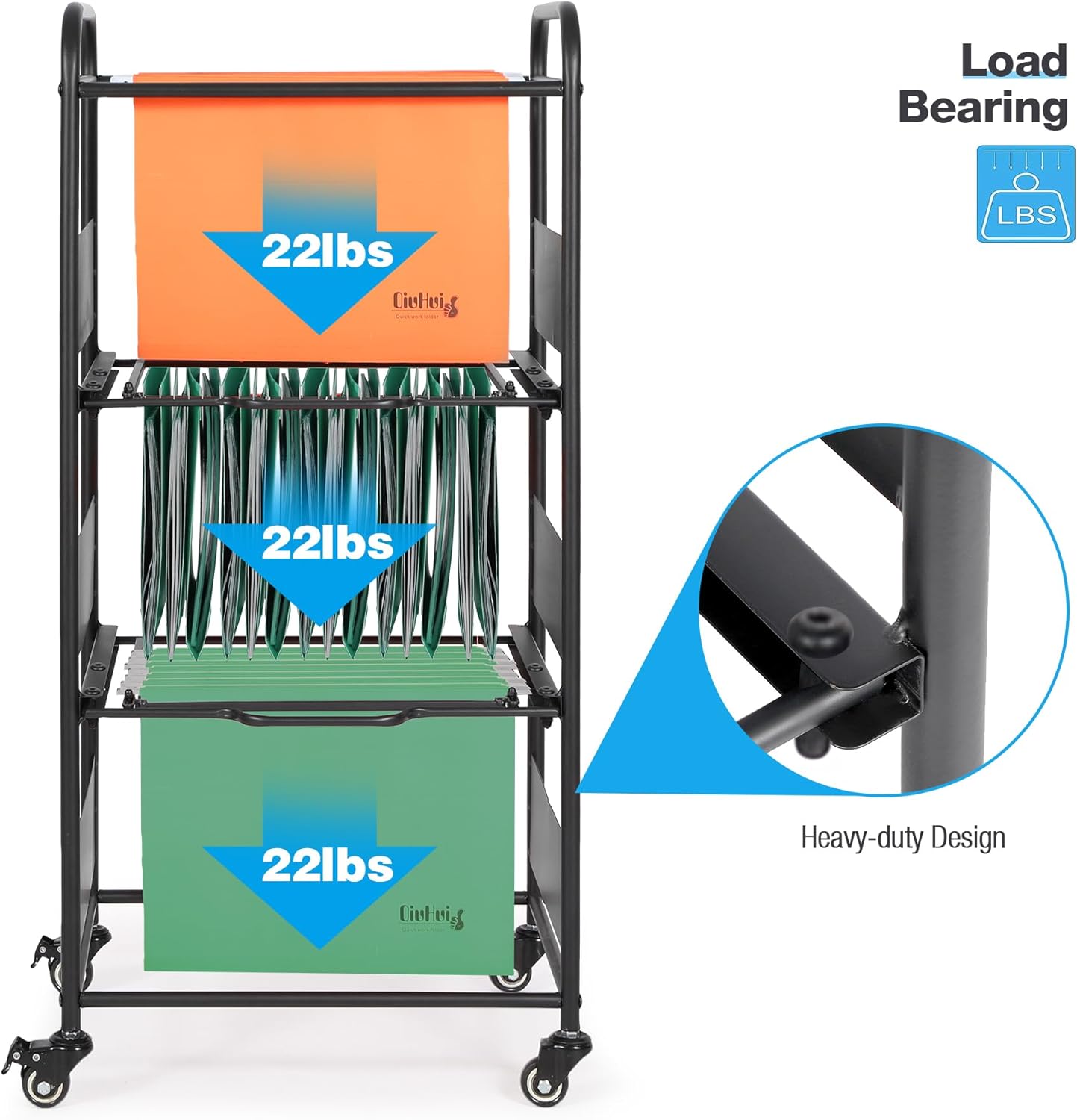 3-Tier Metal Rolling File Cart with Wheels and Pull-Out Drawer X16861
