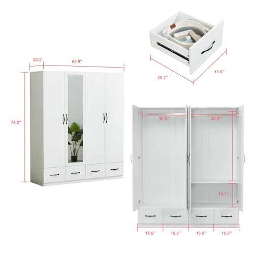 2 Door Wardrobe Cabinet with Storage Drawers and Hanging Rod, White U865