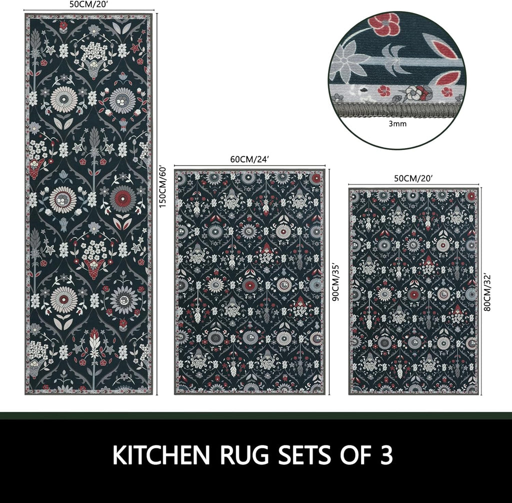 Moroccan Trellis Kitchen Rug Set of 3 Non Slip Floral Floor Mats E884889