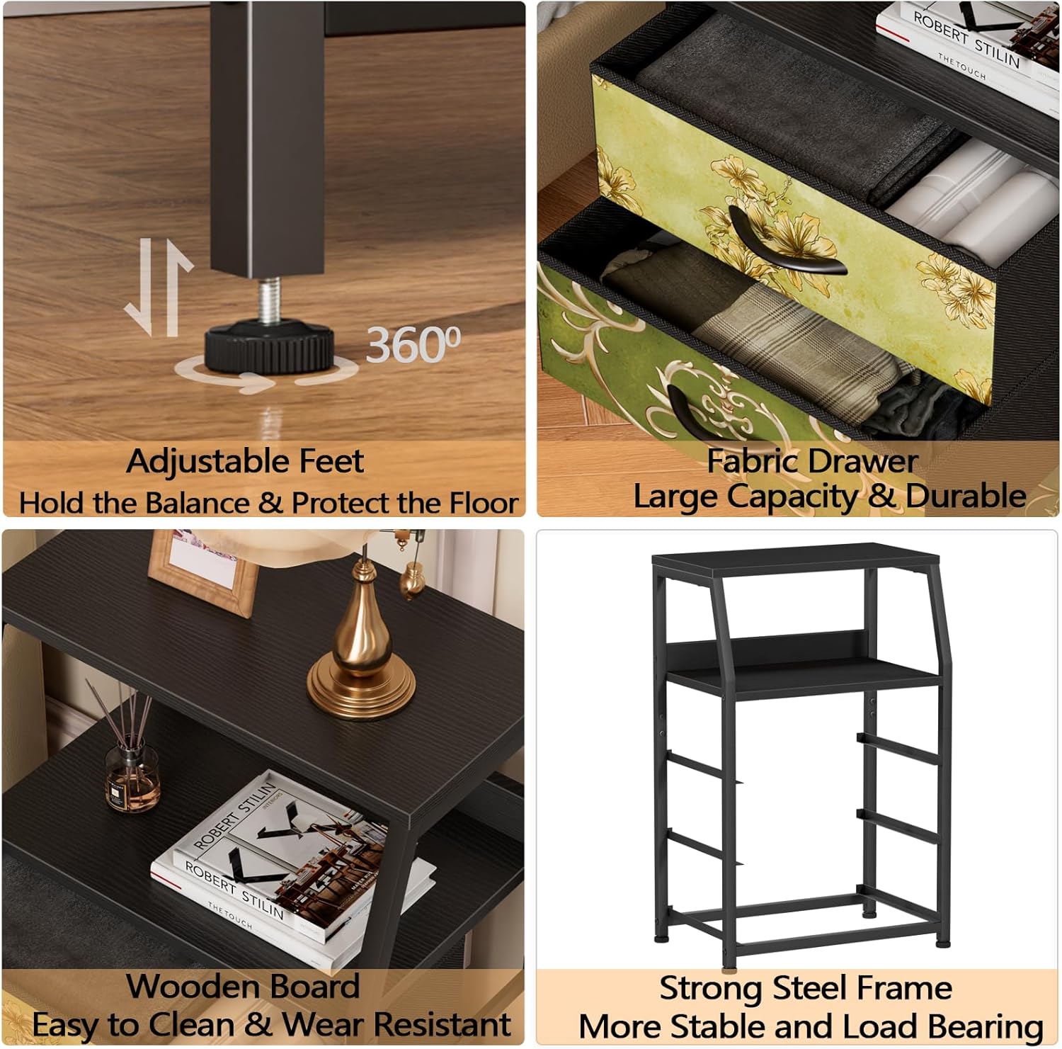 Nightstand with 4 Storage Drawers, LED Light and Charging Station Z553977