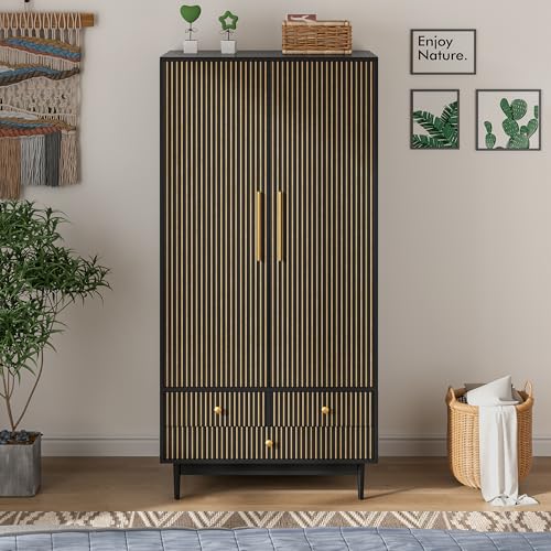 Wooden Wardrobe Closet with 2 Fluted Doors and 3 Drawers W2191