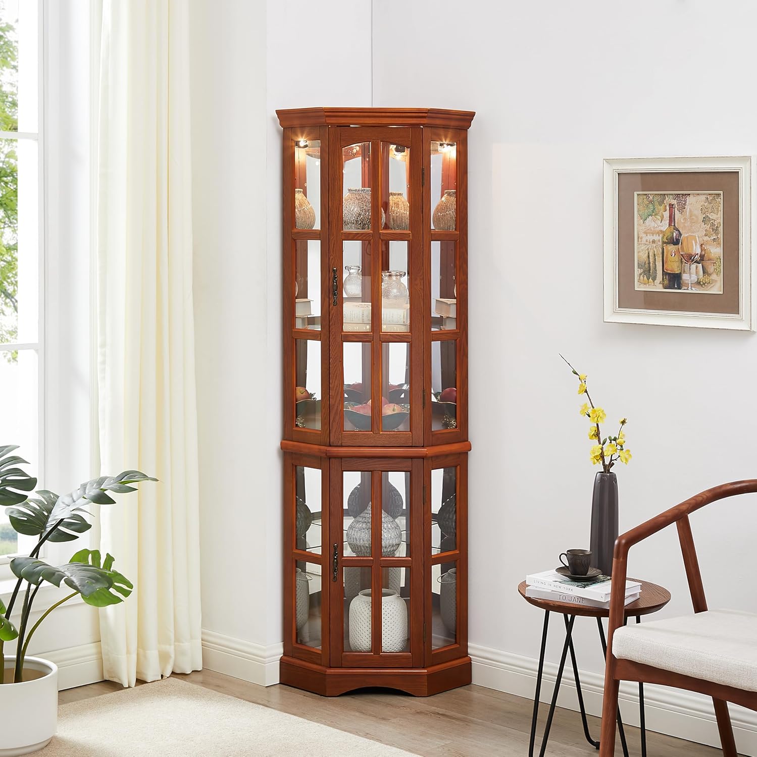 Glass Corner Display Cabinet with 5 Shelves and Lighting B4908