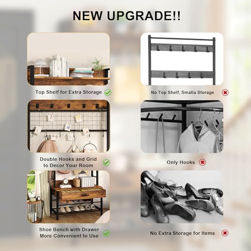 Hall Tree with Bench and Shoe Storage for Entryway, 5-in-1 Coat Rack with 12 Hooks B38564