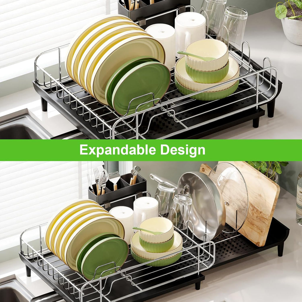 Large Dish Drying Rack, Expandable Stainless Steel with Utensil Holder & Drainboard Z2308