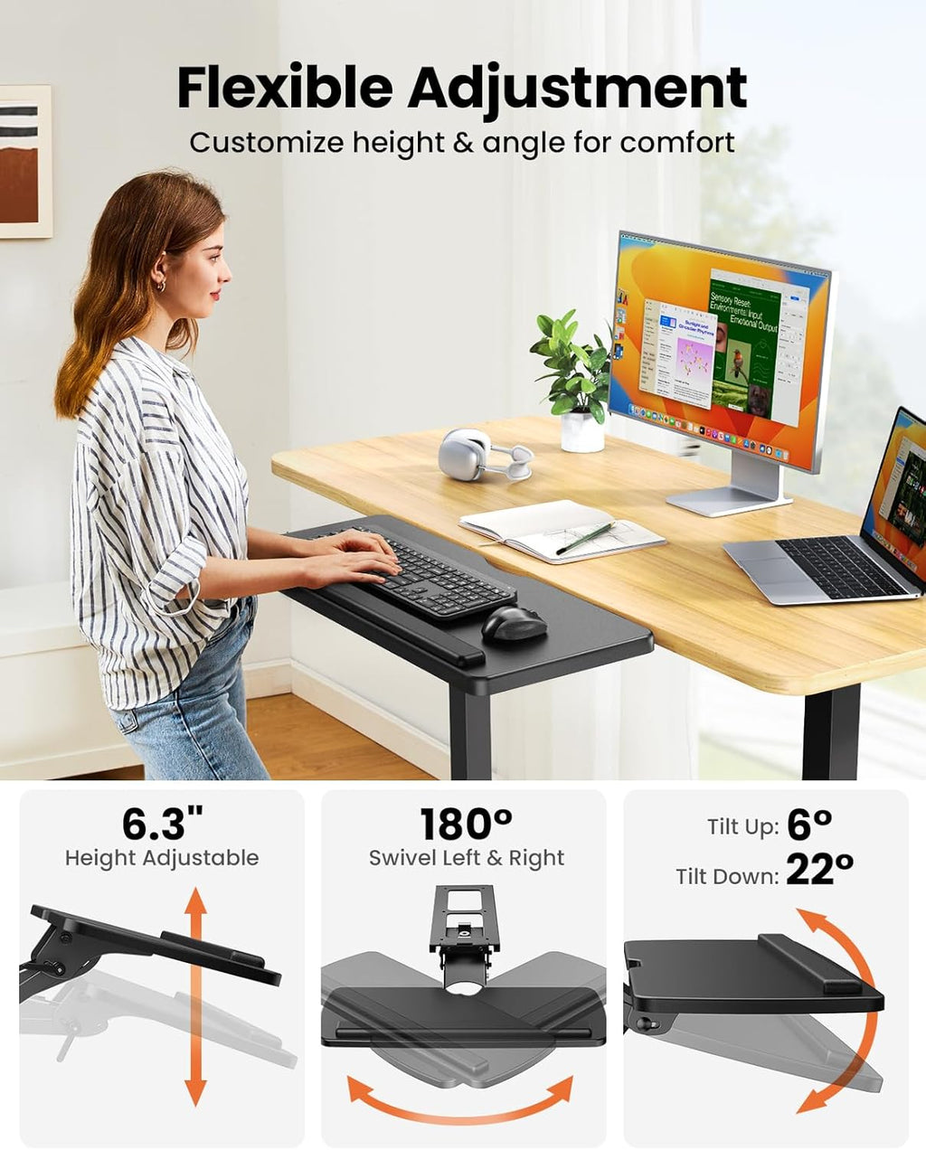 Sliding Keyboard & Mouse Tray Under Desk, Adjustable Height, Swivel & Tilt, Black A1379