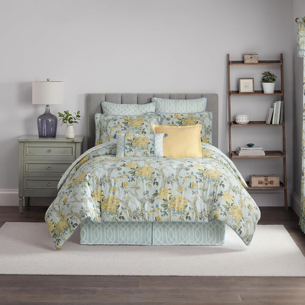 Peony Gardens 4 Piece Cotton Comforter Set, Queen Bed Set, Blue R225