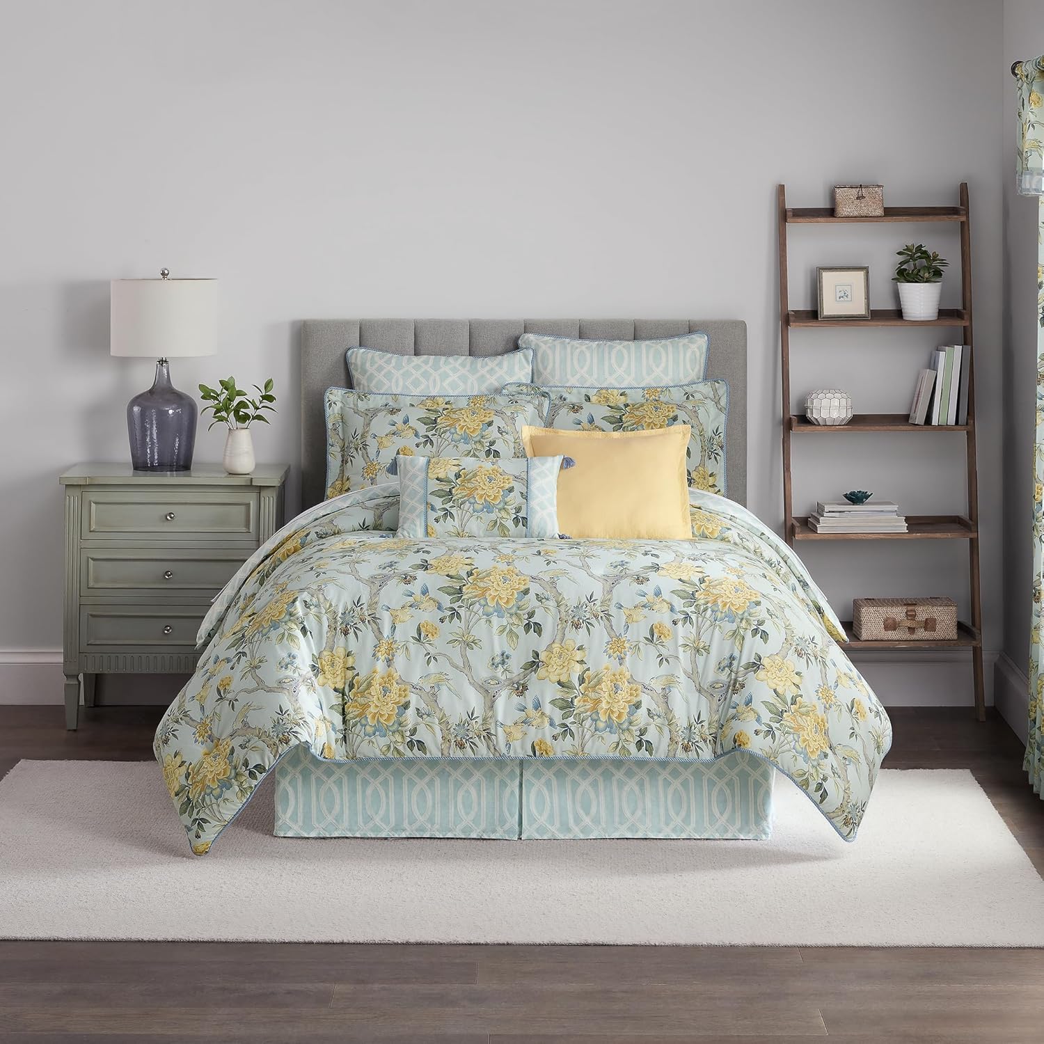 Peony Gardens 4 Piece Cotton Comforter Set, Queen Bed Set, Blue R225