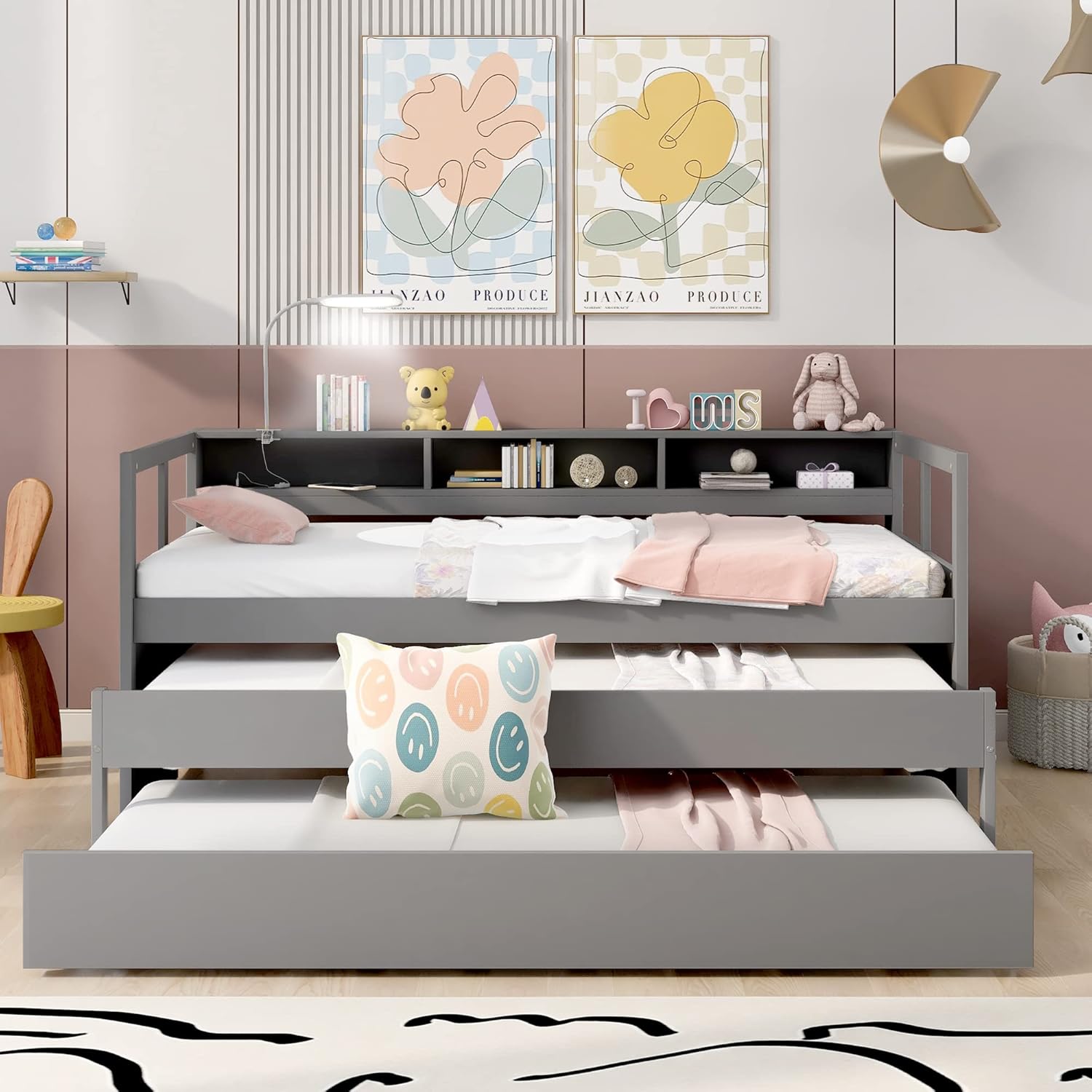 Twin XL Daybed with 2 Trundle Beds and Storage Headboard E82479
