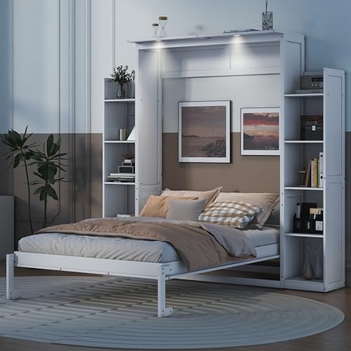 Wall Bed with Shelves and LED Lights, Space-Saving for Guest Room V7373