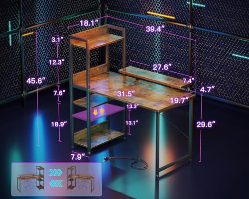 Reversible Gaming Desk with Power Outlets, 40 Inch Computer Desk with Storage Shelves and Monitor Stand U9097