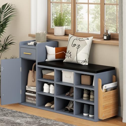 Shoe Storage Bench with 9 Cubbies, Cushion and Drawer Q3460