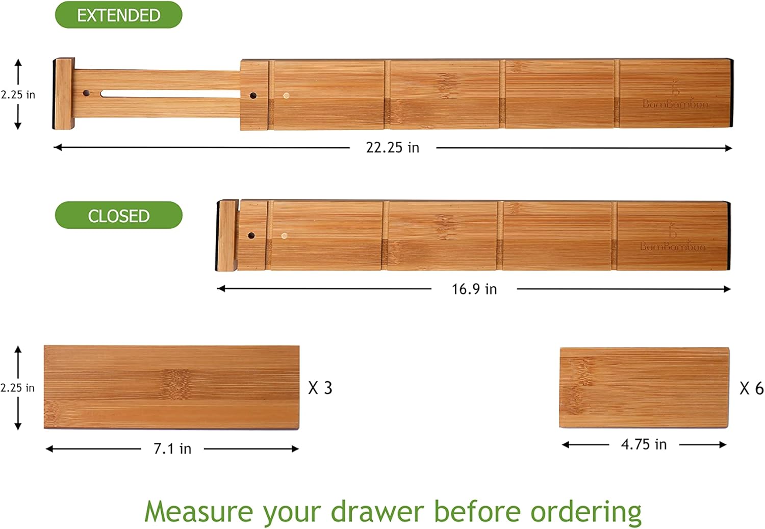 Bamboo Drawer Dividers with 9 Inserts, Expandable, 4 Pack P2038