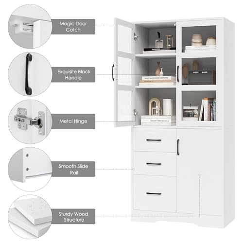 2 Pack Tall Bookshelves with Glass Doors and 3 Drawers, Black F273