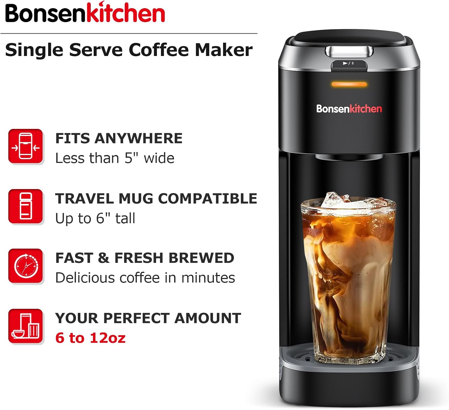 Single Serve Coffee Maker for K Cup Capsule, Fast Brewing, 6 to 12oz Brew Sizes V1235