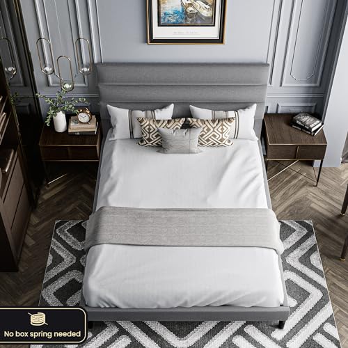 Full Size Bed Frame with Adjustable Linen Headboard, No Box Spring Needed, Dark Gray S1450