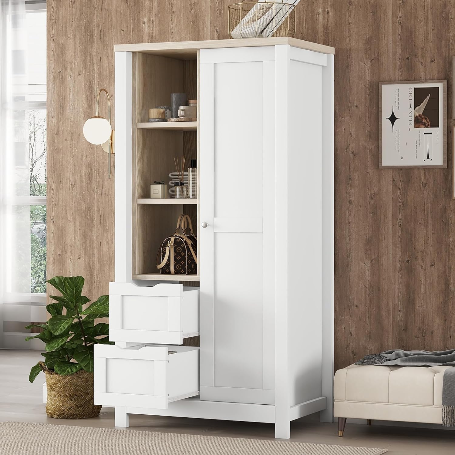 Slim Wooden Wardrobe Closet with 2 Drawers, Shelves and Hanging Rods G1717