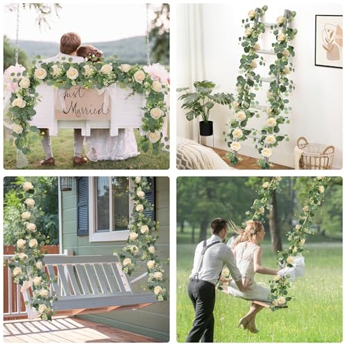 Artificial Eucalyptus Flower Garland with White Rose Faux Vine for Home Party Wedding Table Decor C618936