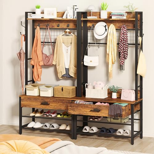 Hall Tree with Bench and Shoe Storage for Entryway, 5-in-1 Coat Rack with 12 Hooks B38564