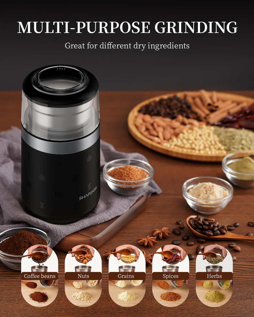 Silent Electric Spice Grinder for Coffee Beans, Herbs, and Espresso, Black D400450