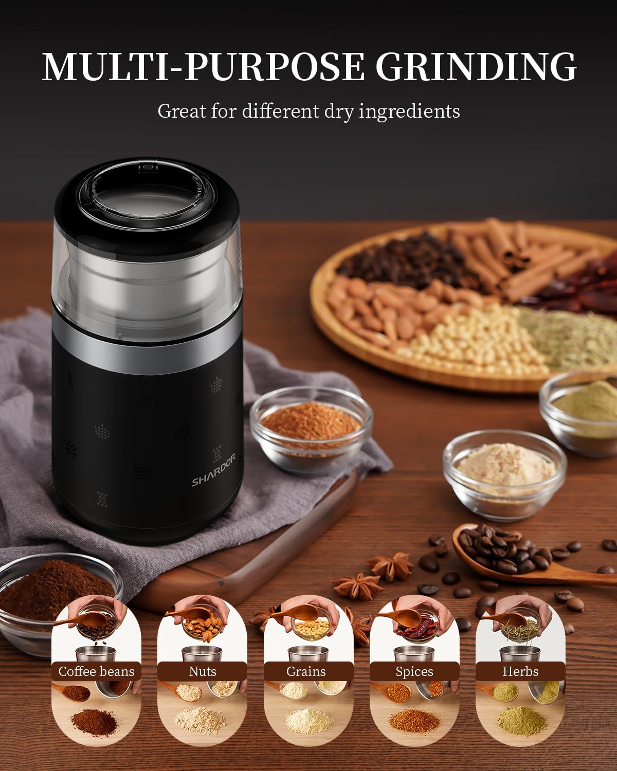 Silent Electric Spice Grinder for Coffee Beans, Herbs, and Espresso, Black D400450
