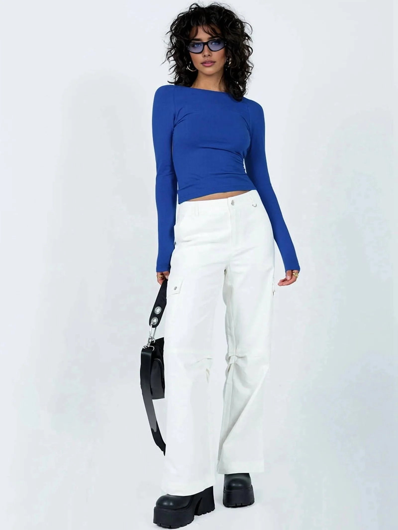 Women's Open Back Long Sleeve Slim Crop T-Shirt Royal Blue B2158