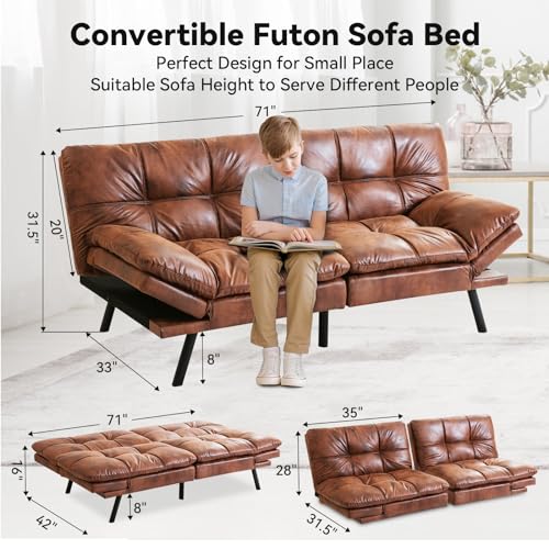 Faux Leather Futon Sofa Bed with Memory Foam, Convertible Sleeper Couch A60612