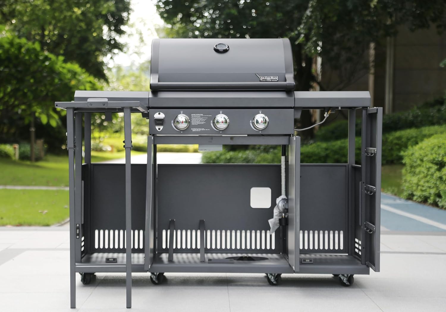 3-Burner Propane Gas BBQ Grill, Stainless Steel Cabinet Style, 30000 BTU, Gray L668