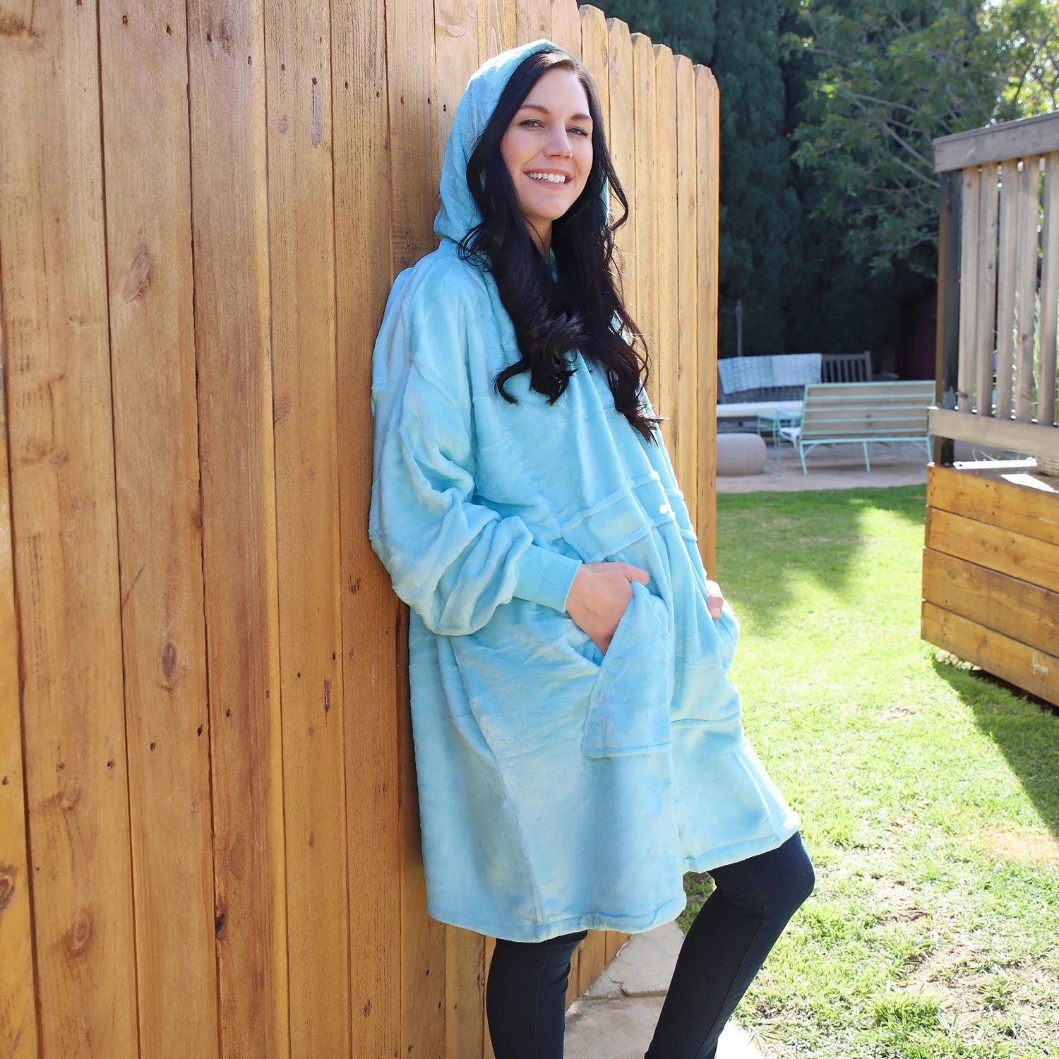 Hooded Blanket Sweatshirt, Soft Fleece Pullover for Adults, Blue I732545