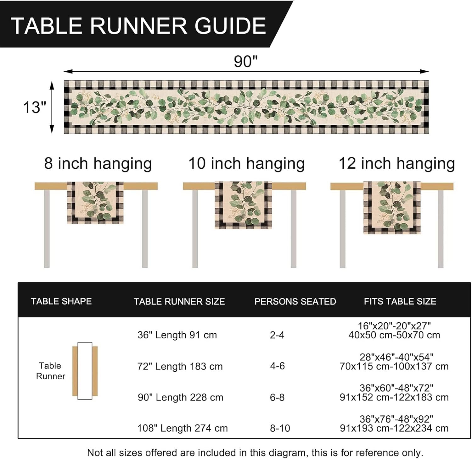 Eucalyptus Leaves Greenery Table Runner, Black White Buffalo Plaid Check, 13 x 90 Inches N799