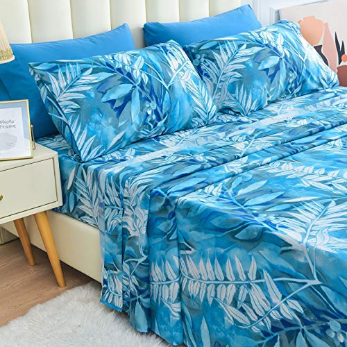Mint Green Floral Printed Sheet Set Queen Size 6 Piece, Soft Microfiber Bed Sheets Extra Deep Pocket K72854