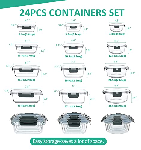 24 Pieces Glass Food Storage Containers Set with Airtight Lids, Stackable, Freezer to Oven Safe N8598